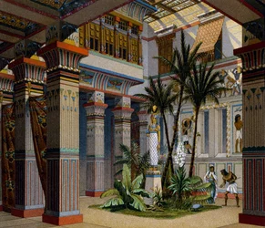Egypte, interieur van het huis van een welvarend persoon in het Oude Rijk, lithografie door Charpentier, uit Le Costume Historique (Geschiedenis van Kostuums), Vol II, door Auguste Racinet