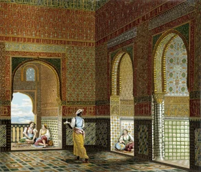 Interieur van een Moors huis (Alhambra, kamer van de Zegen). Chromolithografische plaat - in 