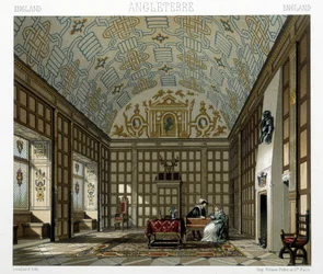 Interieur van een statig huis in Engeland in de 17e eeuw. Illustratie in 
