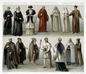 Monastieke kostuums in Europa van de 15e tot de 18e eeuw. Illustratie in "Le costume historique" door Racinet