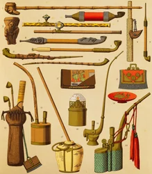 Pijp en voorwerpen gebruikt door rokers, lithografie door Schmidt uit De Complete Kostuumgeschiedenis, eerste deel, door Auguste Racinet, Parijs
