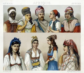 Traditionele kostuums en hoofddeksels van mannen en vrouwen in Algerije. Illustratie in „Le costume historique“ van Racinet