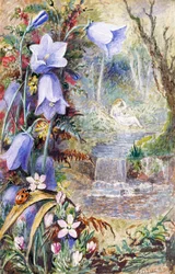 "Landschap van Arcadië, voorgesteld als het land van geluk. Een vrouw zit bij een beekje, een lieveheersbeestje rust uit op een plant. Schilderij van Albert Durer Lucas (1828-1918) 1880 Privécollectie