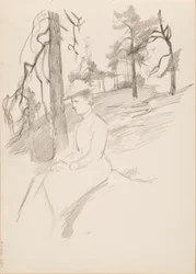 Landschapsschets, vrouw op voorgrond