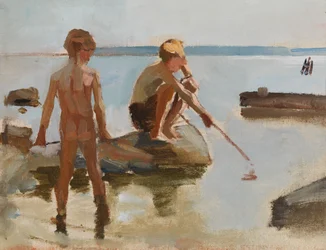 Schets voor jongens die aan de oever spelen