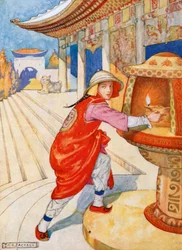 Aladdin beklom de trap en nam de brandende lamp uit de nis (kleurenlitho)