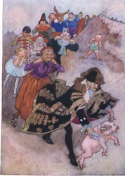 Voor hen rende een heer die een varken stuurde, uit The Water Babies uitgegeven door Humphrey Milford Oxford University Press, ca. 1930