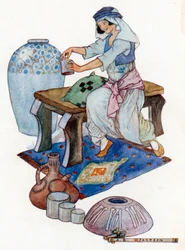 De vrouw van Cassim was verbaasd toen ze een stuk goud zag dat aan de onderkant van de maat stak (kleurenlitho)