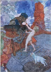 Hij pakte een gloeiende kool en legde die op Grimes taart, uit The Water Babies uitgegeven door Humphrey Milford Oxford University Press, ca. 1930