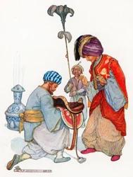 Sindbad presenteert ze aan de koning (kleurenlitho)