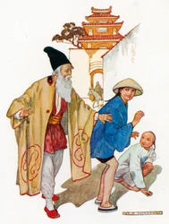 De Magiër ging naar Aladdin toe en vroeg hem of zijn Vader niet Mustapha heette en of ... (kleurenlitho)