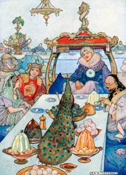 De Sultan zat aan de eerste tafel en at met zijn dochter. Aladdin en de grootvizier ... (kleurenlitho)