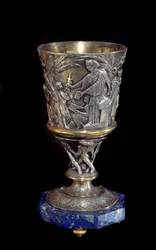 Porfieren beker in zilver en porselein gemaakt door Albert Ernest Carrier Belleuse (1824-1887)
