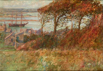 Bosje boven de haven in de herfst (olieverf op doek)