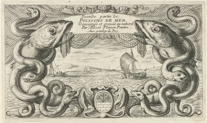 Zeegezicht met rand van zeedieren en een visnet