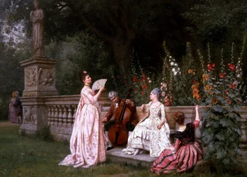 Gesprek in de tuin. Drie vrouwen bij een balustrade luisteren naar de muziek van een cellist terwijl achter in de tuin een echtpaar een gesprek voert (verleiding). Schilderij van Albert Girard (1839-1920 Frans) Privécollectie