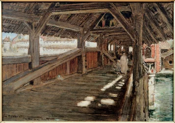 De brug van de dodendans (Spreuerbrucke) in Luzern. Schilderij van Albert Goodwin (1845-1932). Olieverf op doek. Privécollectie.