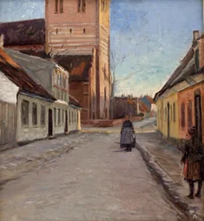 Straat in Køge met Nicolai kerk aan de linkerkant