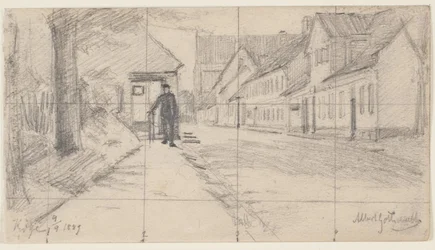 Straat in Køge met wandelende man