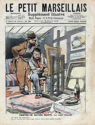 Een schilder in een zolderkamer schildert stillevens, de fles wijn en de cake die als model dienen blijven niet stil staan. Illustratie door Albert Guillaume (1873-1942) uit 