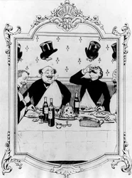 Vier mannen die drinken tijdens een maaltijd in een restaurant - tekening door Guillaume in 