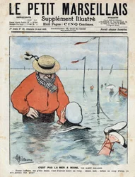 Kleine komische scène waarin een dame leert zwemmen onder het oog van een andere zwemmer, een drankliefhebber. Illustratie door Albert Guillaume uit 