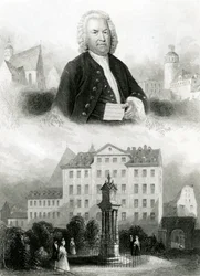 Portret van Johann Sebastian Bach (1685-1750) en monument