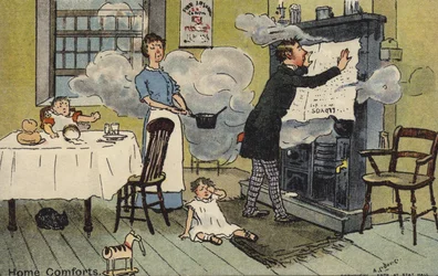 Cartoon van een familie in een rokerige kamer