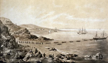installatie van de eerste transatlantische telegrafische kabel tussen Ierland en Canada (1857) gravure door Albert Kruger c.1870