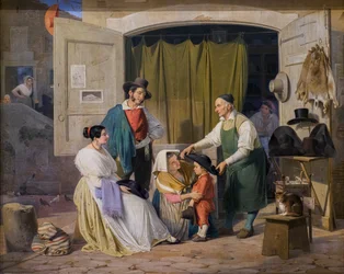 Romeinse boeren kopen een hoed voor hun zoontje, die abt wordt