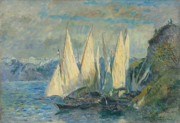 Boten met grote zeilen op het Meer van Genève bij Meillerie in Haute-Savoie