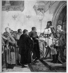 Renaud de Bourgogne geeft de burgers van Belfort het vrijheidscharter. Omdat hij geld nodig had om zijn oorlog tegen keizer Rudolf I van het Heilige Roomse Rijk te voeren, maakte Renaud de Bourgogne (overleden in 1321) de stad Belfort in 1307 vrij, in ruil