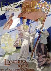 Twee vrouwen, symbool van Frankrijk en Engeland, schudden elkaar de hand. Poster door Albert Maignan (1908) voor de Frans-Britse tentoonstelling van 1908 in Londen.