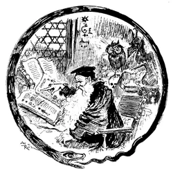 Alchemist die onder het toeziend oog van een uil en een demon zijn grimoires (magische - kabbalistische formules) raadpleegt - de omlijsting van de afbeelding wordt gevormd door een slang die in haar staart bijt - initiaal in de vorm van de letter O