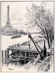 Begin van de bouwwerkzaamheden aan de architectonische reconstructie van middeleeuws Oud Parijs, aan de oevers van de Seine, voor de Wereldtentoonstelling van 1900
