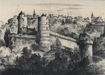 Kasteel van Fougeres - kasteel fort in het departement Ille-et-Vilaine. Oud Frankrijk - Bretagne - tekst, tekeningen en lithografieën, door Albert Robida (1848-1926) ongedateerd eind 19e eeuw
