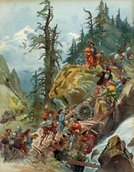 Vijfde Italiaanse Oorlog (1515-1516): de oversteek van de Alpen in augustus 1515, via de Larche-pas, van het leger van Frans I (1494-1547), op weg naar Italië. Illustratie