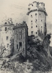 Fort Largoet (torens van Elven) - Oud Frankrijk - Bretagne - tekst, tekeningen en lithografieën, door Albert Robida (1848-1926) ongedateerd eind 19e eeuw