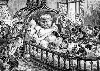 Grandes et inestimables chroniques du grand et enorme geant Gargantua anoniem werk dat Francois Rabelais inspireerde voor "Pantagruel" in 1532, gravure door Albert Robida: hier Gargantua als baby