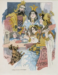 Gulliver aan het hof van Brobdignac - in "Gulliver Voyages" door Swift, ill. door Robida