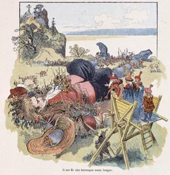 Gulliver vastgebonden door de Lilliputters - in "Gulliver