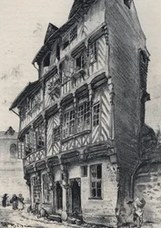 Huis rue Saint Guillaume in Rennes - Oud Frankrijk - Bretagne - tekst, tekeningen en lithografieën, door Albert Robida (1848-1926) ongedateerd eind 19e eeuw