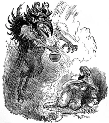 Illustratie door Albert Robida (1848-1926) van een Arabische legende (1001 nachten): een vreselijke demon (boze geest) presenteert een man een fles wijn. gravure uit het boek 