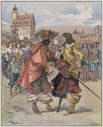 Illustratie voor Le Capitaine Bellormeau door en geïllustreerd door A Robida (kleur litho)