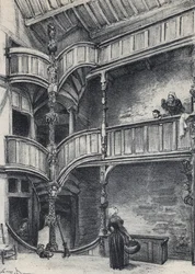 Interieur van een huis in Morlaix - Oud Frankrijk - Bretagne - tekst, tekeningen en lithografieën, door Albert Robida (1848-1926) ongedateerd eind 19e eeuw