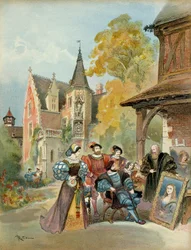 Koning Frans I (1494-1547) koopt de Mona Lisa van Leonardo da Vinci (1452-1519), nabij het koninklijk kasteel van Amboise, tussen 1516 en 1519. Illustratie
