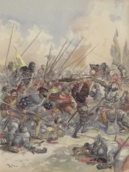 De koning in Pavia, valt van zijn paard, gewond, vecht tegen de menigte aanvallers die hem omringen (kleur litho)