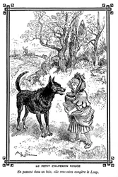 Roodkapje, met haar cake en boterpot, ontmoet de Wolf. Tekening door Albert Robida in een kinderleesboek 1920-1930