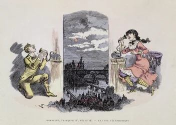 Moraal, rust, gelukzaligheid - De telefoonrechtbank, karikatuur van Robida, 19e eeuw