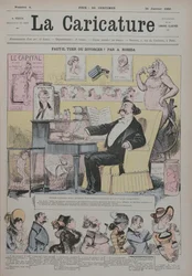Moord of echtscheiding, omslag van ‘La Caricature’ met Alexandre Dumas fils (1824-95) als ‘expert’ in huwelijksdrama